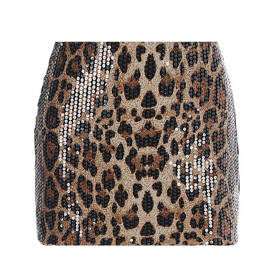 Damen Glitzernder Minirock mit Leopardenmuster und Paillettenbesatz EB