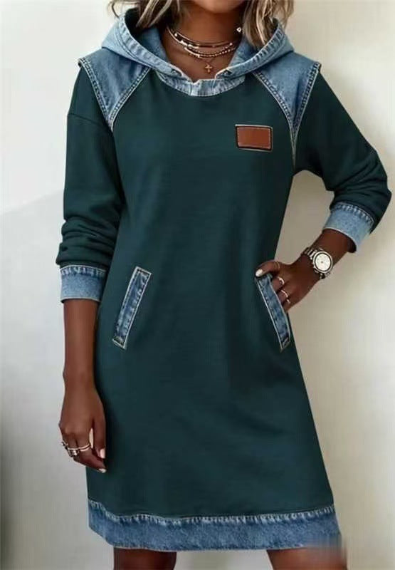 Damen nan Kapuzen-Sweatkleid mit Jeans-Applikationen, Kängurutaschen und lässigem Schnitt EB