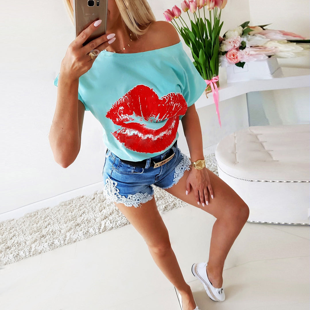 Damen T-Shirt mit lässigem Schnitt und stilvollem Lippenmotiv EB