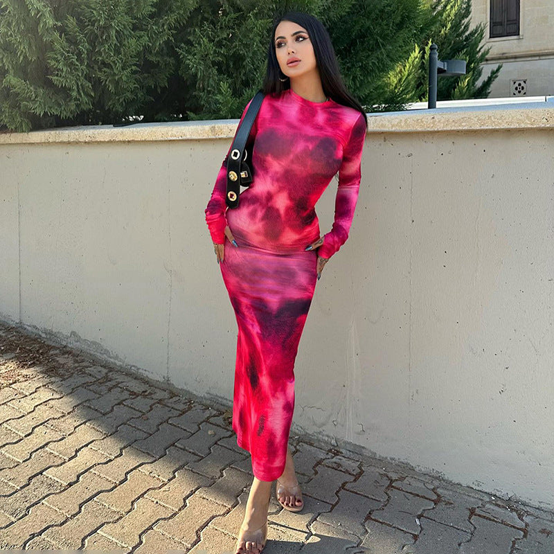 Damen Langarm Tie-Dye Maxi Kleid EB