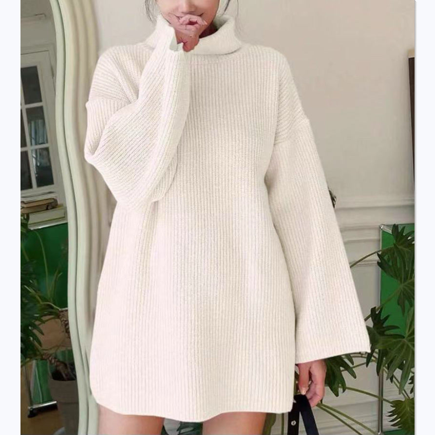 Damen Langer Strickpullover mit hohem Kragen und weit ausgestellten Ärmeln EB