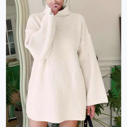 Damen Langer Strickpullover mit hohem Kragen und weit ausgestellten Ärmeln EB