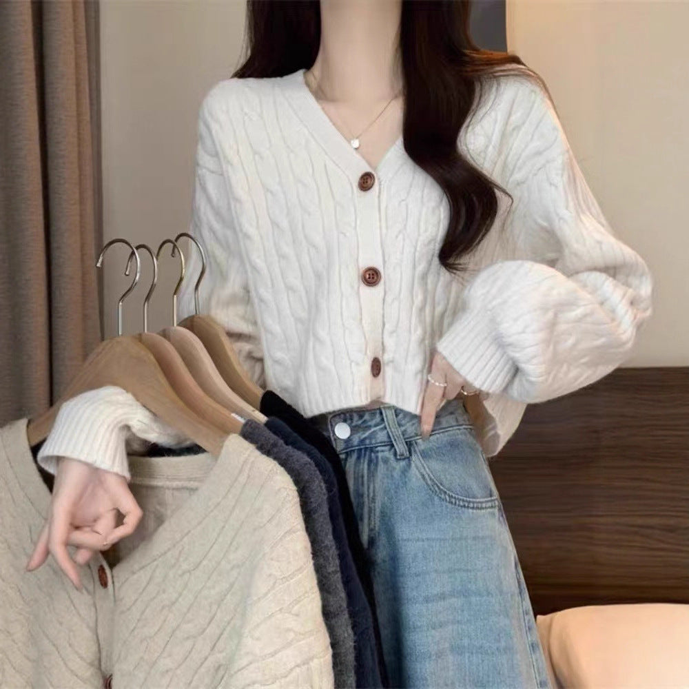 Damen kuscheliger Strickcardigan mit V-Ausschnitt und großen Knöpfen EB