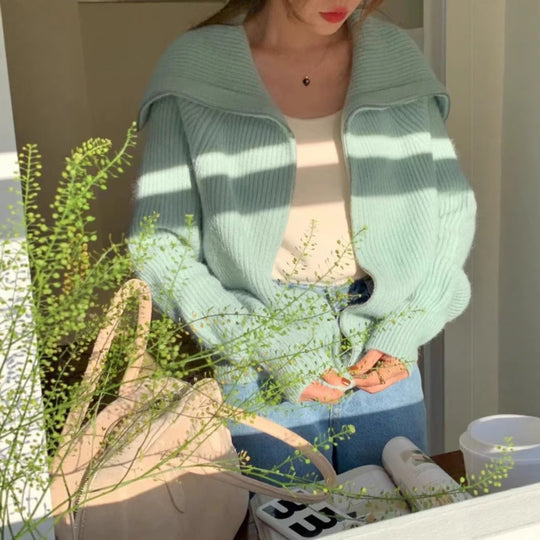 Damen Modischer Oversized-Pullover mit Kragen und Reißverschluss EB