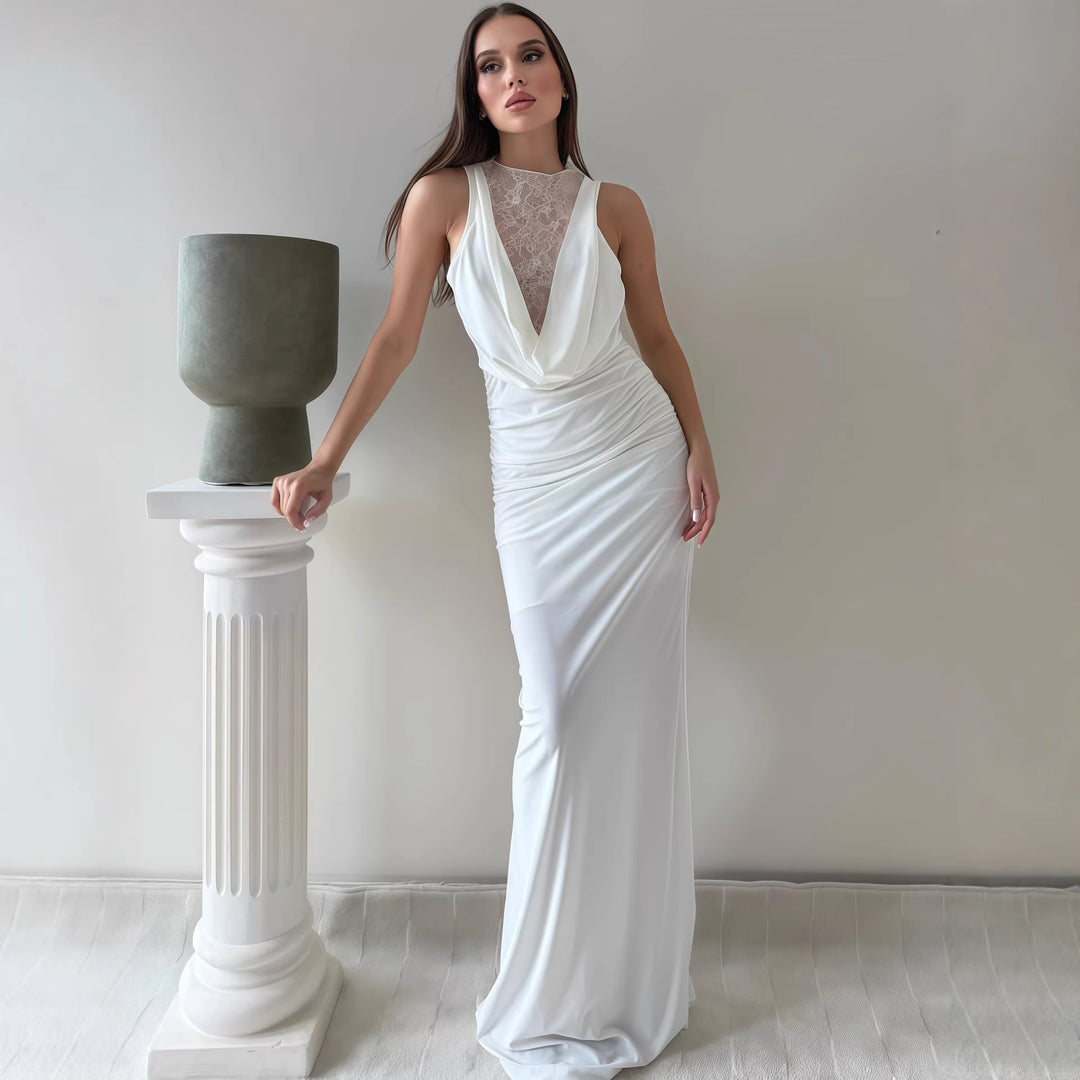 Damen Elegantes Maxikleid mit elegantem Neckholder-Design und raffinierter Spitzenlage EB