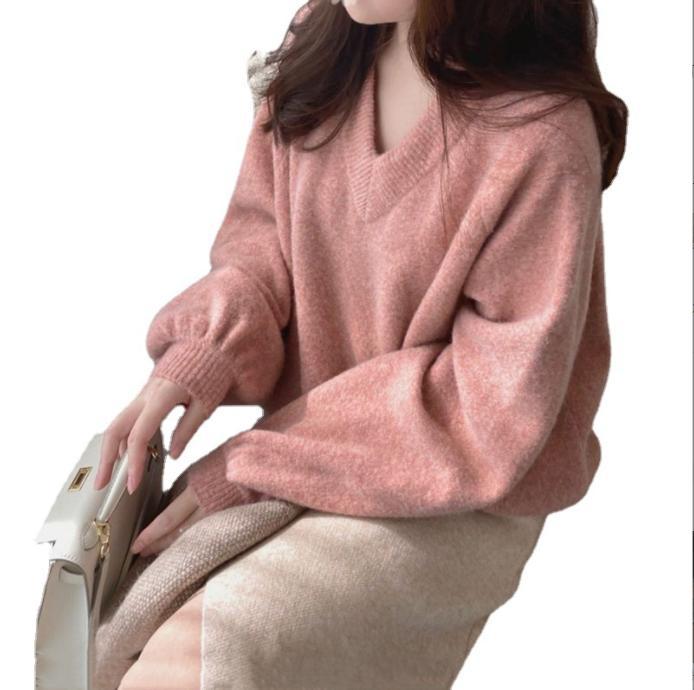Damen Grobstrickpullover mit tiefem V-Ausschnitt und voluminösen Ärmeln EB