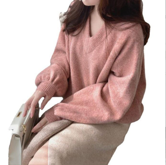 Damen Grobstrickpullover mit tiefem V-Ausschnitt und voluminösen Ärmeln EB