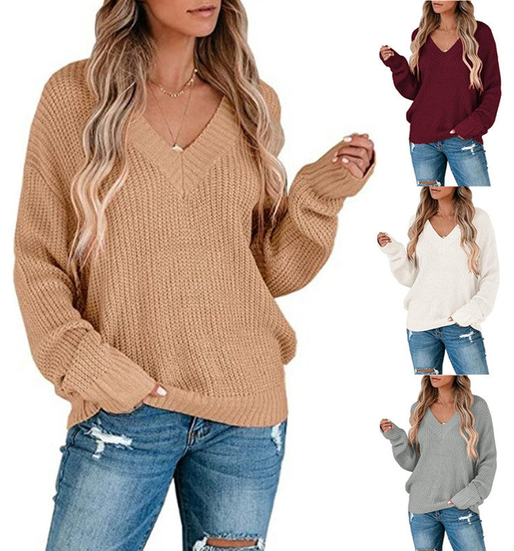 Damen Strickpullover mit V-Ausschnitt und lockerem Schnitt EB