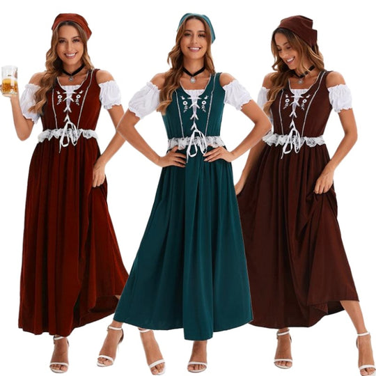 Damen nan langes Trachtenkleid im Dirndlstil mit Corsage-Schnürung und Spitzenbund EB