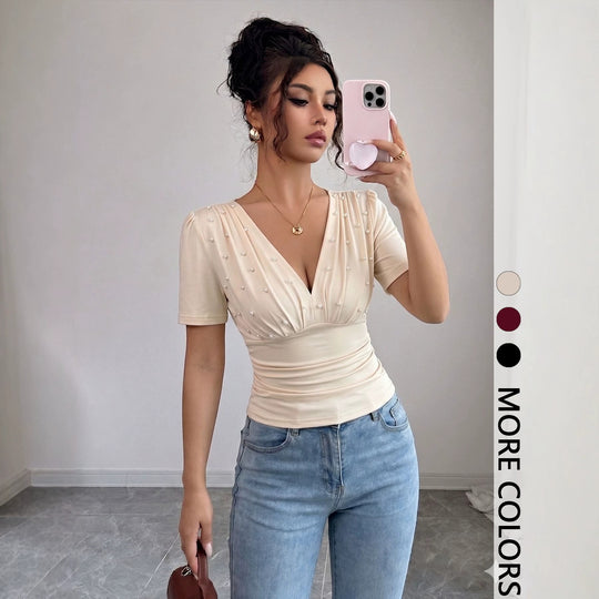 Damen nan tailliertes Drapiertes Kurzarmtop mit Perlenbesatz und V-Ausschnitt EB