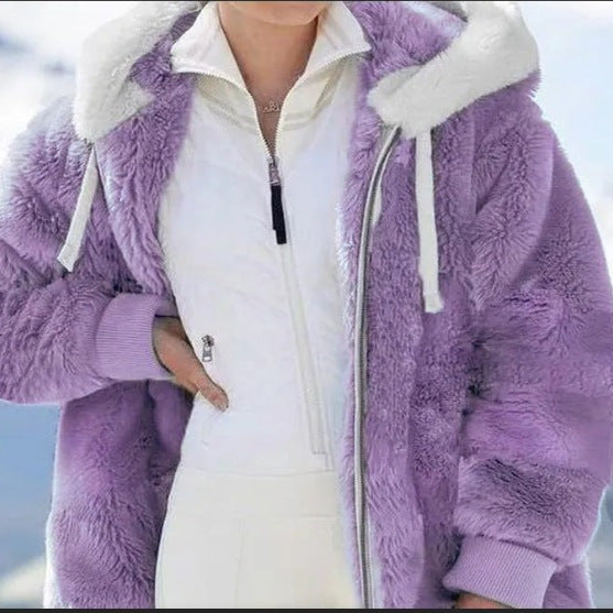 Damen Kuschelige Kunstpelzjacke mit Kapuze EB