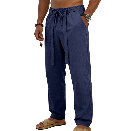 Herren nan leichte Leinen-Loungehose mit elastischem Tunnelzug, dekorativer Bundfalte und geradem Bein EB