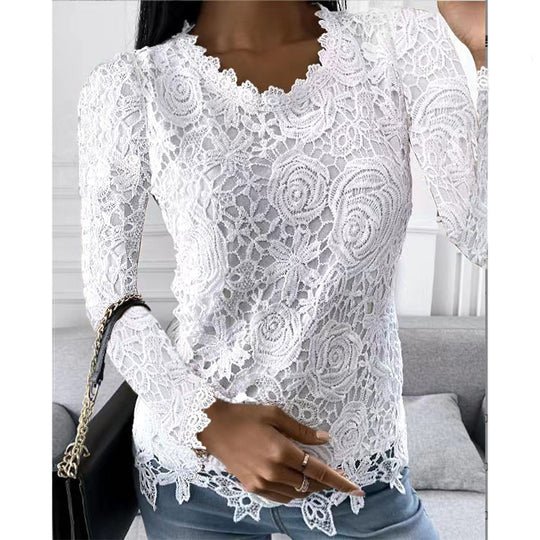 Damen nan figurbetonte Spitzenbluse mit floraler Allover-Spitze, Langarm und gezacktem Saum EB