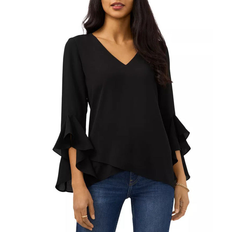 Damen Elegante Bluse mit Rüschendetails und tiefem V-Ausschnitt EB