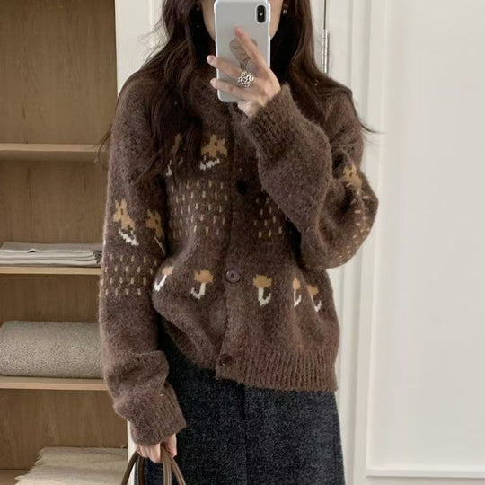 Damen Strickjacke mit verspieltem Tiermotiv und Knopfverschluss EB