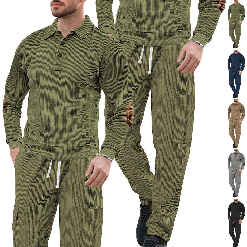 Herren nan geripptes Lounge-Set mit Polokragen Ellenbogenpatches und Cargohose EB