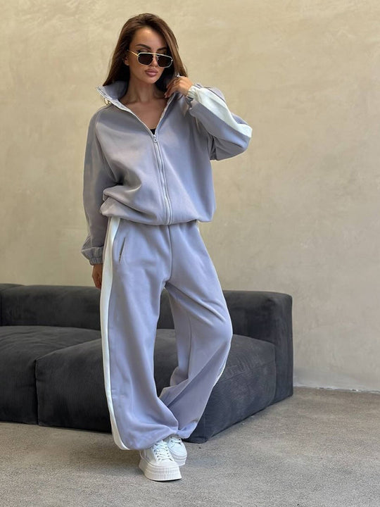Damen Velours-Loungewear-Set mit Stehkragen, Zip-Jacke und weitem Palazzo-Hosenbein EB
