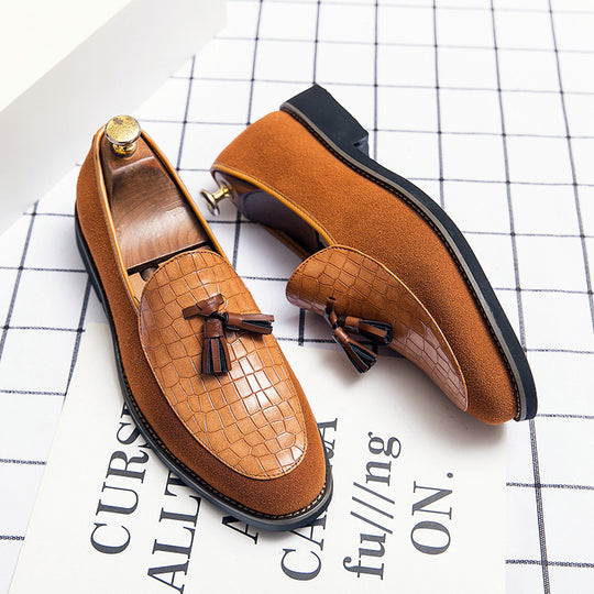 Herren eleganter Quasten-Loafer mit kroko-geprägtem Lederblatt und weichem Veloursaußenmaterial EB
