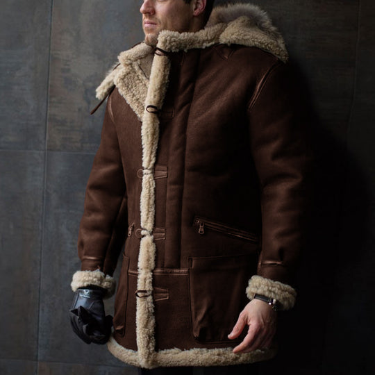 Herren Lammfell-Mantel mit Kapuze und praktischen Taschen EB