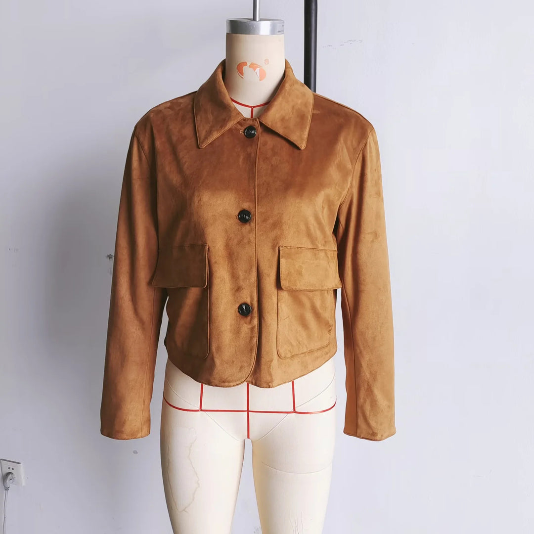Damen modische Kurzjacke aus hochwertigem Wildlederimitat mit praktischen Taschen EB