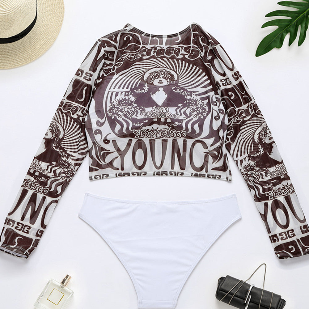 Damen Sportlicher Crop-Top mit langem Arm und eleganten Print EB