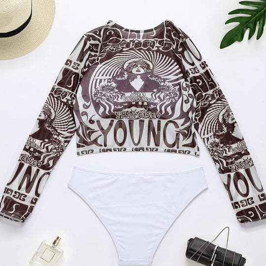 Damen Sportlicher Crop-Top mit langem Arm und eleganten Print EB