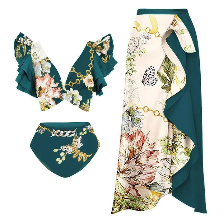 Damen Bikiniset mit voluminösen Ärmeln und elegantem Wickelrock EB