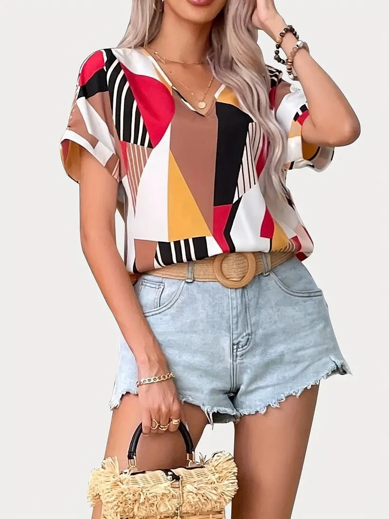 Damen V-Ausschnitt T-Shirt mit geometrischem Muster EB