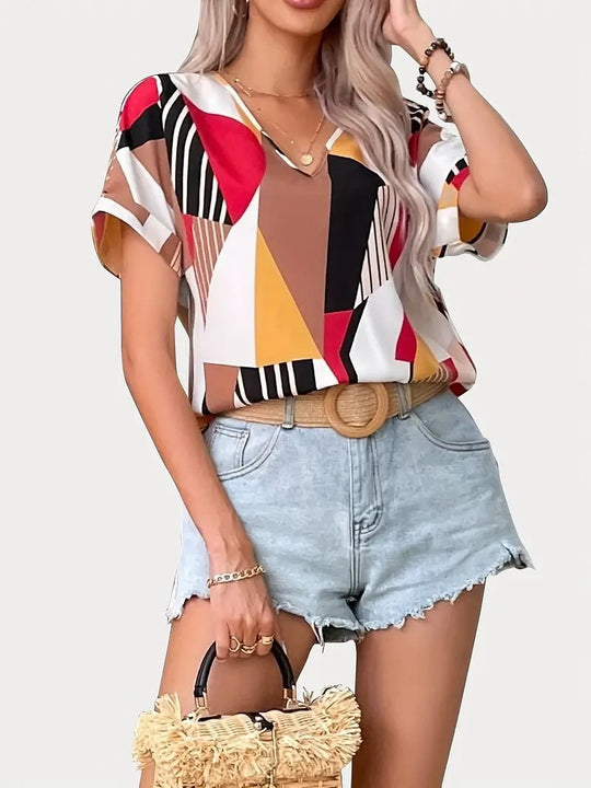 Damen V-Ausschnitt T-Shirt mit geometrischem Muster EB