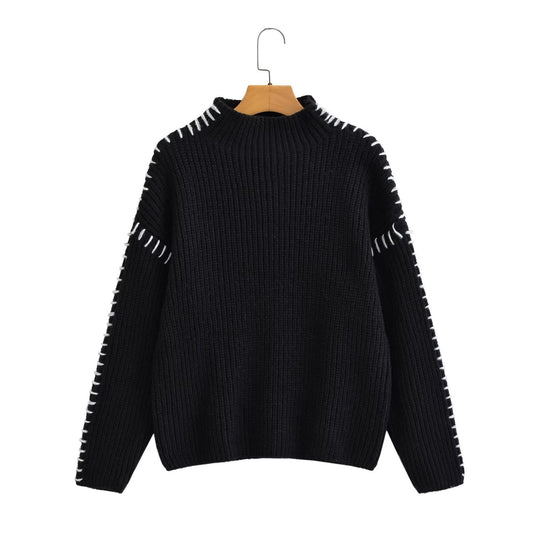 Damen nan Grobstrick-Oversize-Pullover mit hoher Rollkragenkante und Zierstich-Ärmeln EB
