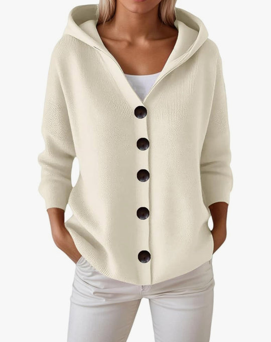 Damen Kapuzen-Strickjacke mit großen Holzknöpfen und seitlichen Eingrifftaschen EB