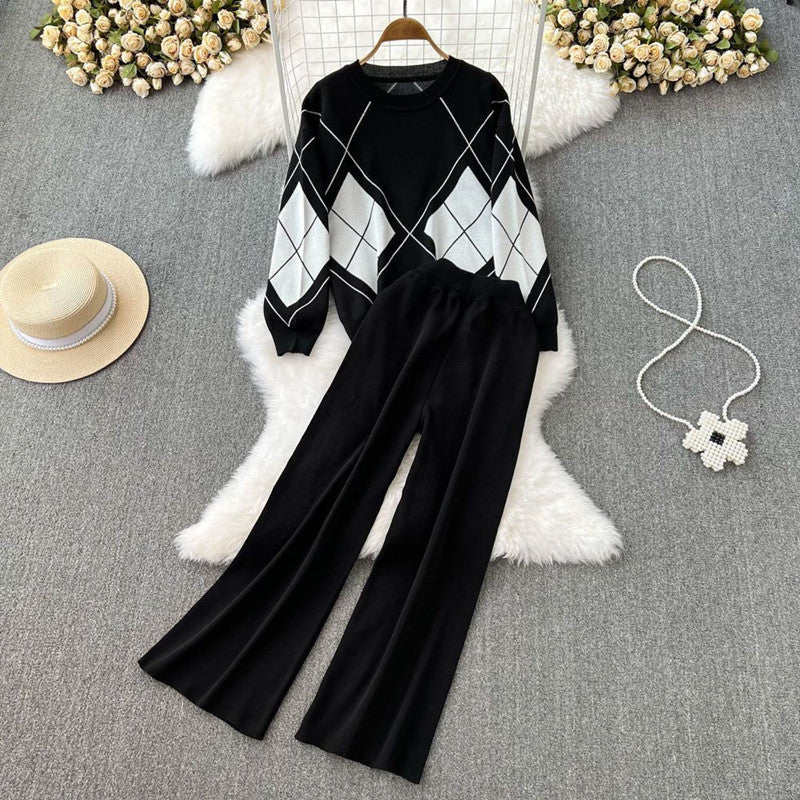 Damen elegantes Strick-Loungewear-Set mit Rautenmuster und weitem Bein EB