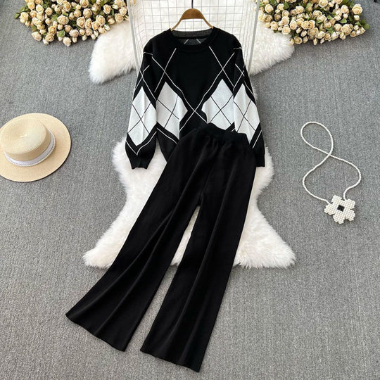 Damen elegantes Strick-Loungewear-Set mit Rautenmuster und weitem Bein EB
