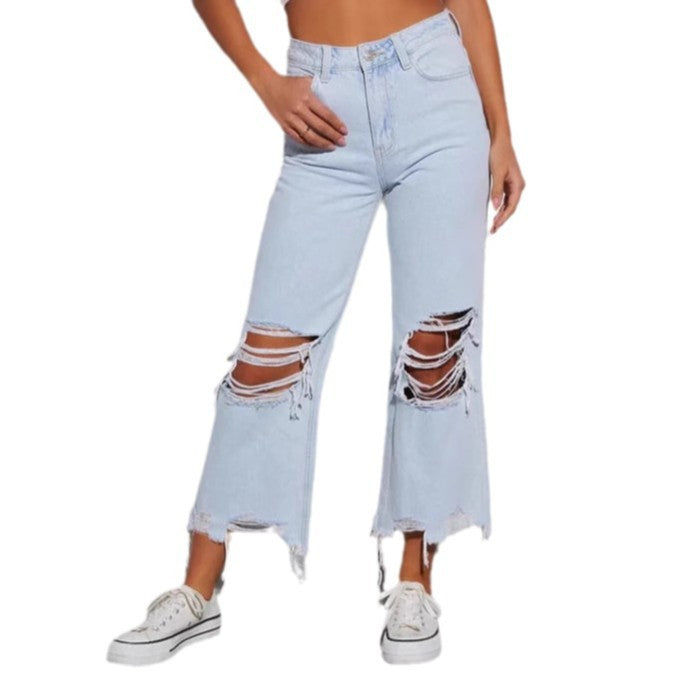 Damen lässige Boyfriend Jeans mit auffälligen Destroyed-Details und weitem Bein EB