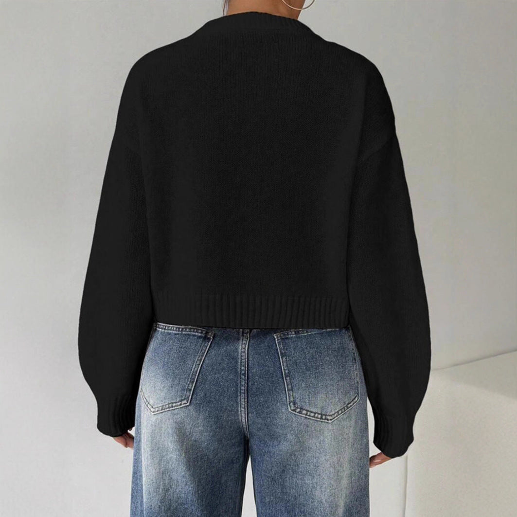 Damen Kurz-Cropped Pullover aus feinem Strick mit Ballonärmeln und geripptem Bund EB