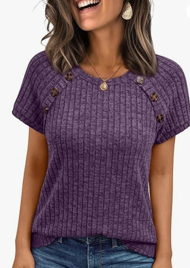 Damen lässiges Rippenstrick-T-Shirt mit Knöpfen EB