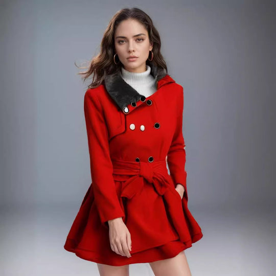 Damen klassischer Mantel mit elegantem Kragen und abnehmbarer Kapuze EB