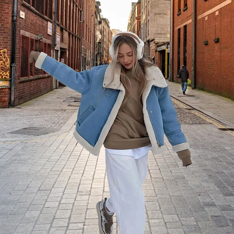 Damen modische Denimjacke mit Fellkragen und oversized Schnitt EB