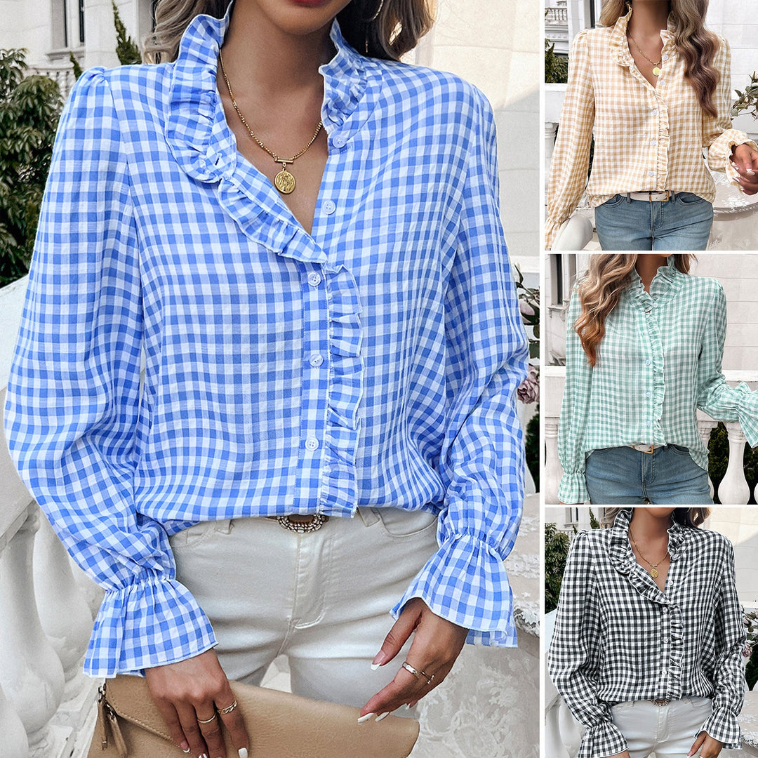 Damen Karierte Bluse mit Rüschendetails und Knopfleiste EB