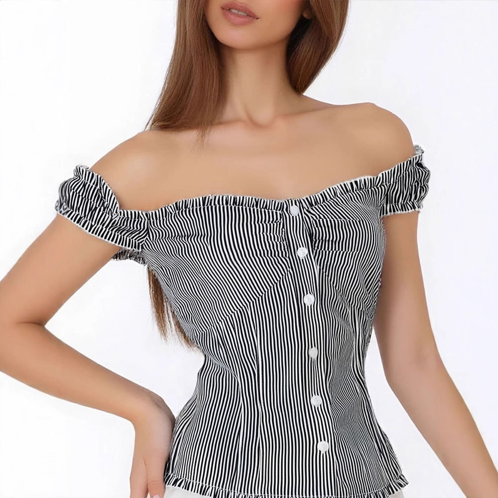 Damen Off-Shoulder Bluse mit feinen Rüschendetails und gestreiftem Muster EB