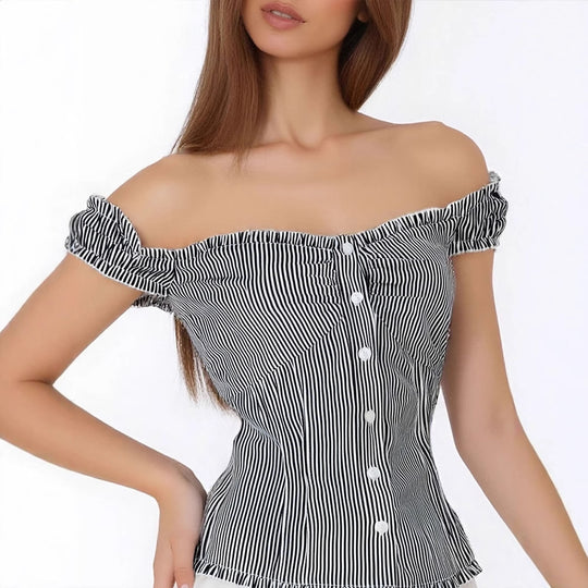 Damen Off-Shoulder Bluse mit feinen Rüschendetails und gestreiftem Muster EB