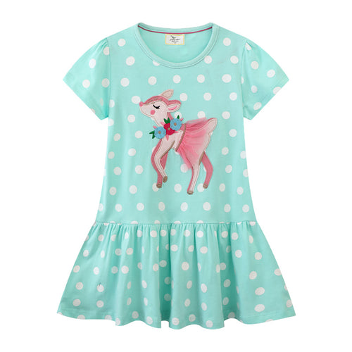 Mädchen Polka Dots Kleid mit süßem Reh-Design EB