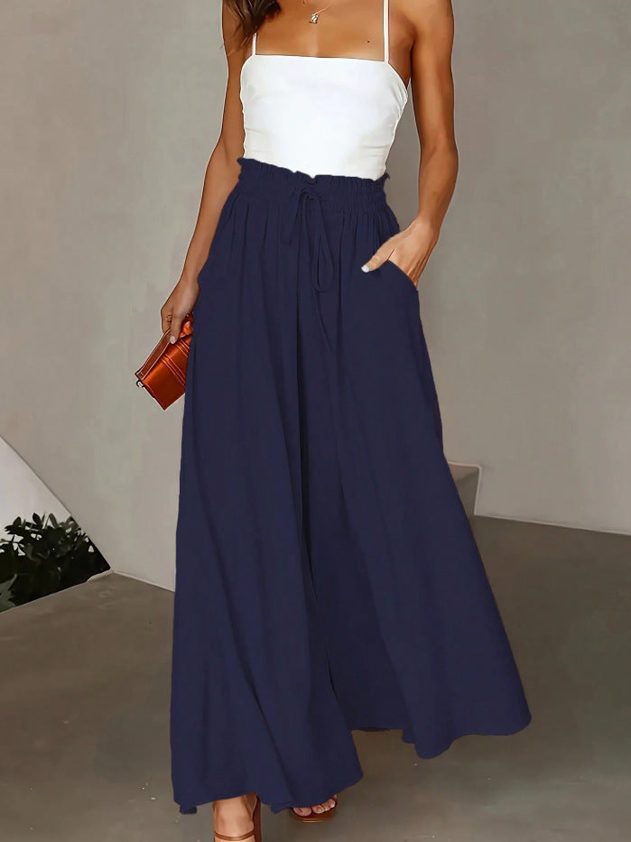Damen Weite Maxipalazzo-Hose mit Paperbag-Bund, Kordelzug und Seitentaschen EB