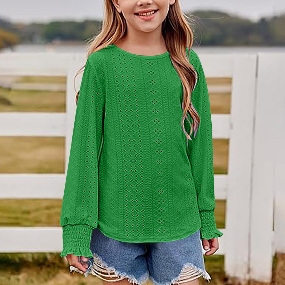 Damen Ajourgestricktes Oversize-Pullover-Shirt mit Ballonärmeln und Rüschenbündchen EB