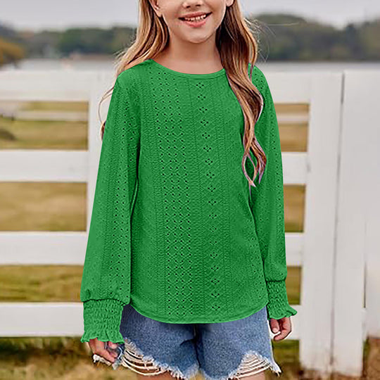 Damen Ajourgestricktes Oversize-Pullover-Shirt mit Ballonärmeln und Rüschenbündchen EB
