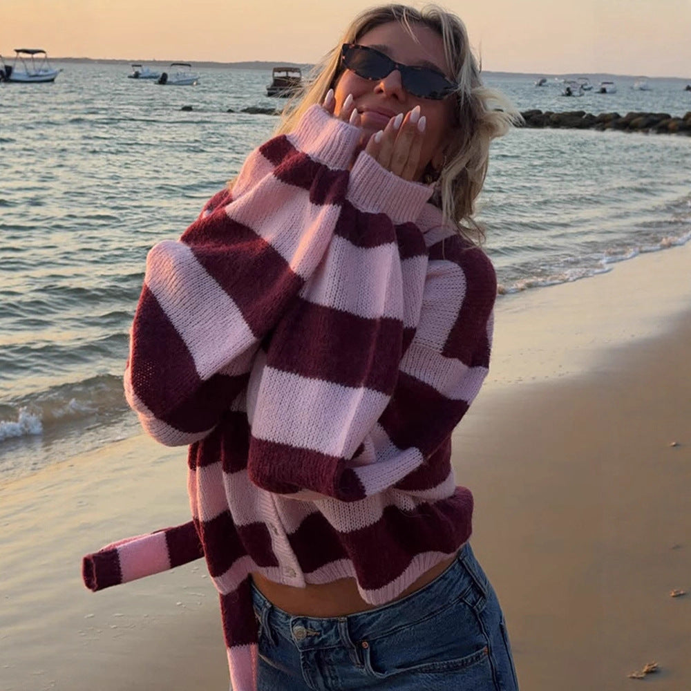 Damen kuschelige Strickjacke mit modischem Karomuster und abnehmbarem Schal EB