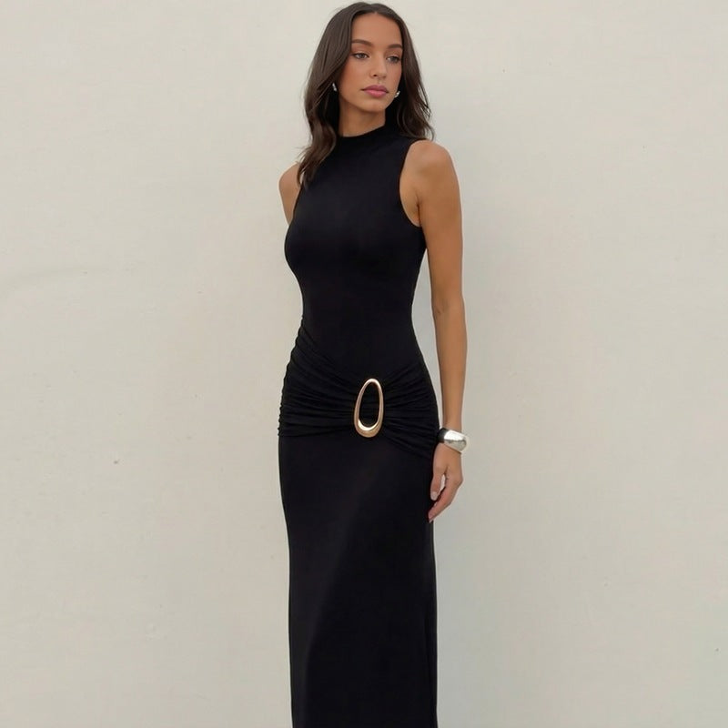 Damen Elegantes Maxikleid mit Raffungen und glänzendem Gürtel EB