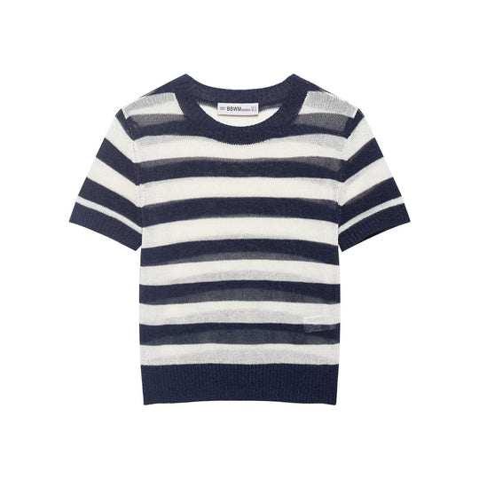 Damen lässiges Kurzarmshirt mit maritimem Streifenmuster und feiner Strickstruktur EB