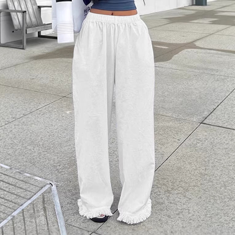 Damen Weite Baumwollhose mit elastischem Bund und femininen Fransen EB