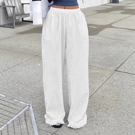 Damen Weite Baumwollhose mit elastischem Bund und femininen Fransen EB